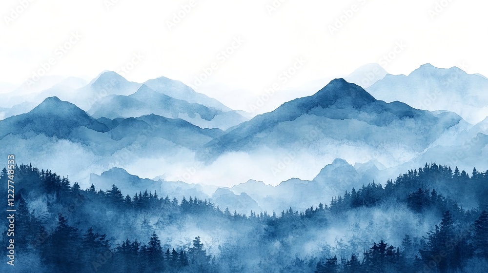 A painting of layered blue mountains and trees in shades of blue. A painting of layered blue mountains and trees in shades of blue.
