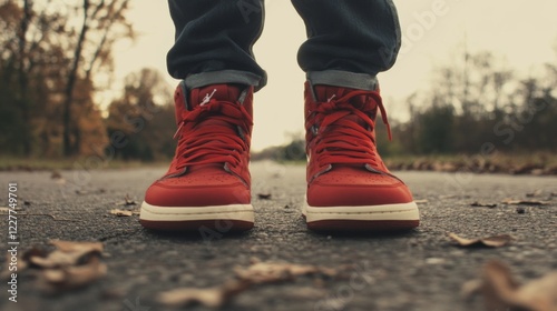 Red high-top sneakers on asphalt path. photo