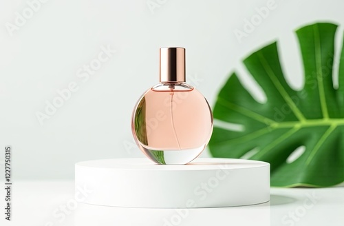 Perfume bottle with empy label on a podium. White background with big green leaf. Minimalizm. Mock up for your business photo