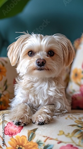 a close-up of a dog sitting on a couch with a floral pattern. photo