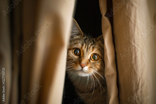 A cat peeking out from behind a curtain, eyes wide with curiosity. photo