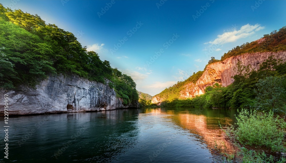 exploring the stunning cliffs and lush caves along a peaceful river in the heart of nature during the late afternoon