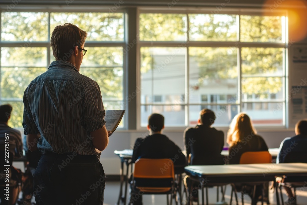 Teacher presents lesson in classroom with students focused on learning during afternoon light Teacher presents lesson in classroom with students focused on learning during afternoon light