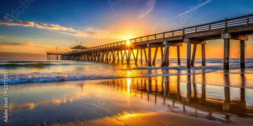 Soft golden light illuminates a historic pier at St Augustine Beach as sunrise slowly rises over the Atlantic Ocean , dawn, sunset alternative