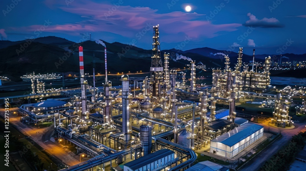 Obraz premium Aerial view of a bustling industrial complex at dusk, illuminated by bright lights with mountains in the background