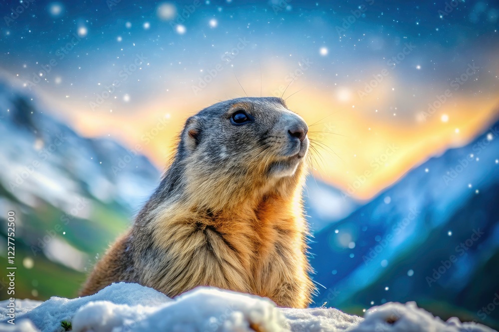 Obraz premium Winter wonderland: adorable Austrian marmot against a soft, snowy Alps bokeh.