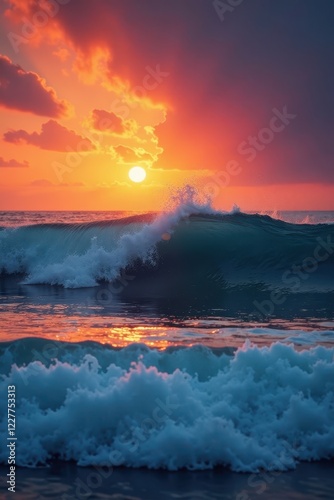 Sunrise over powerful breaking waves, dynamic scene , sea, water