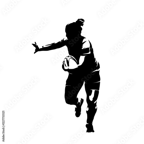 Rugby, woman running with ball, front view. Isolated vector silhouette, clipart. Team sports