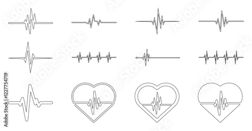 Ensemble d'icônes cardiogramme, domaine médical, étude du cœur, cardiologie, unicolore, lignes de contour, vecteur