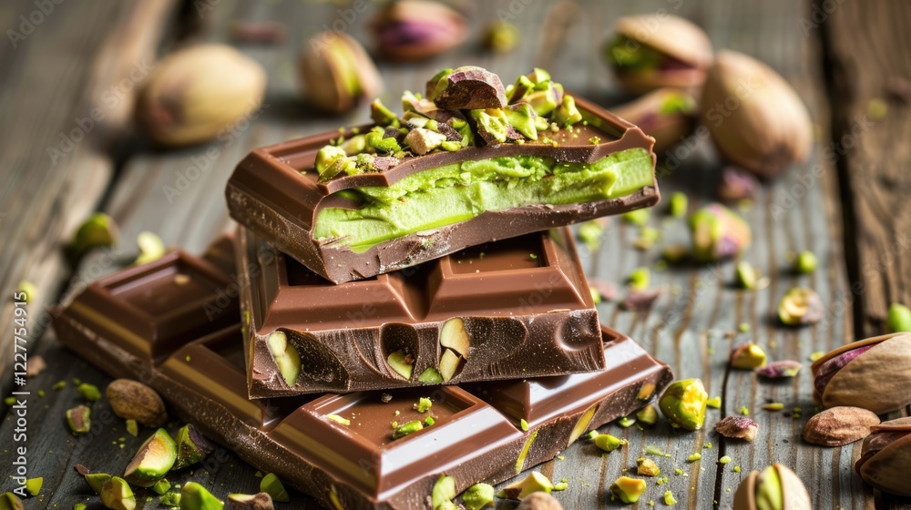 Artisanal dark chocolate bars filled with fragrant pistachio crumbs. Sweet food background Artisanal dark chocolate bars filled with fragrant pistachio crumbs. Sweet food background