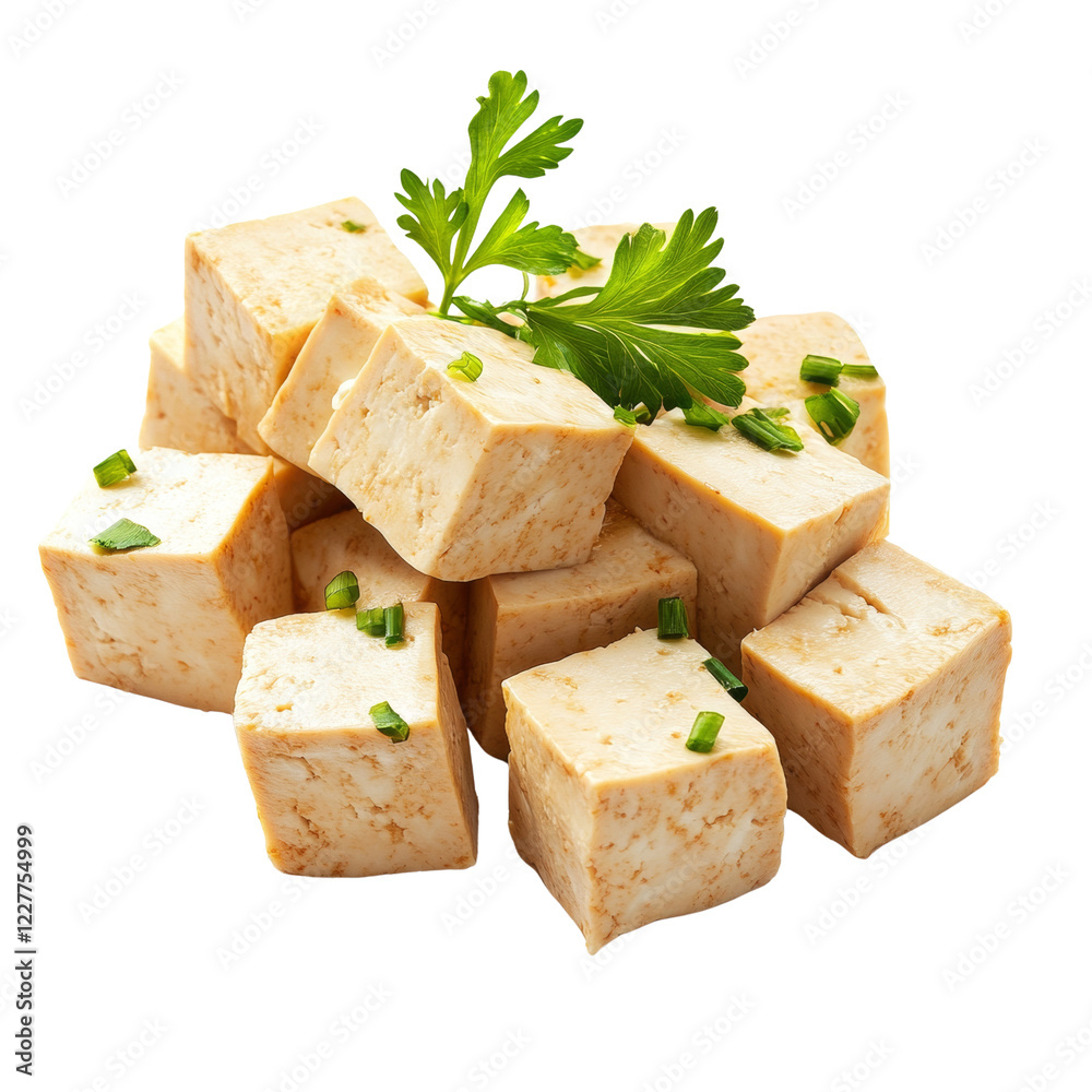 A close-up view of several cubes of tofu garnished with fresh parsley and chives. A close-up view of several cubes of tofu garnished with fresh parsley and chives.