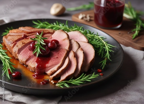 Pan-seared duck breast served with a sprig of fresh rosemary and cherry compote , food, sauce photo