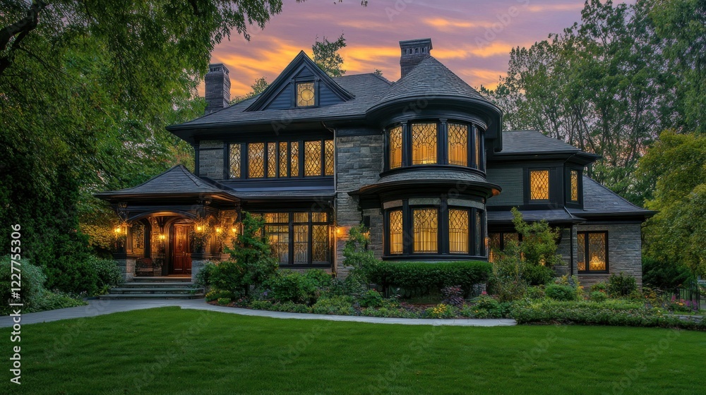 Majestic Stone Mansion at Dusk: A Luxurious Home in Picturesque Setting Majestic Stone Mansion at Dusk: A Luxurious Home in Picturesque Setting