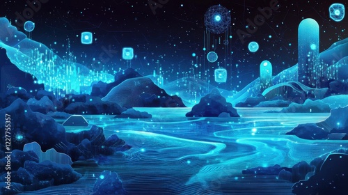 Illustration that represents the concept of Big Data Processing in deep blue and neon cyan colors