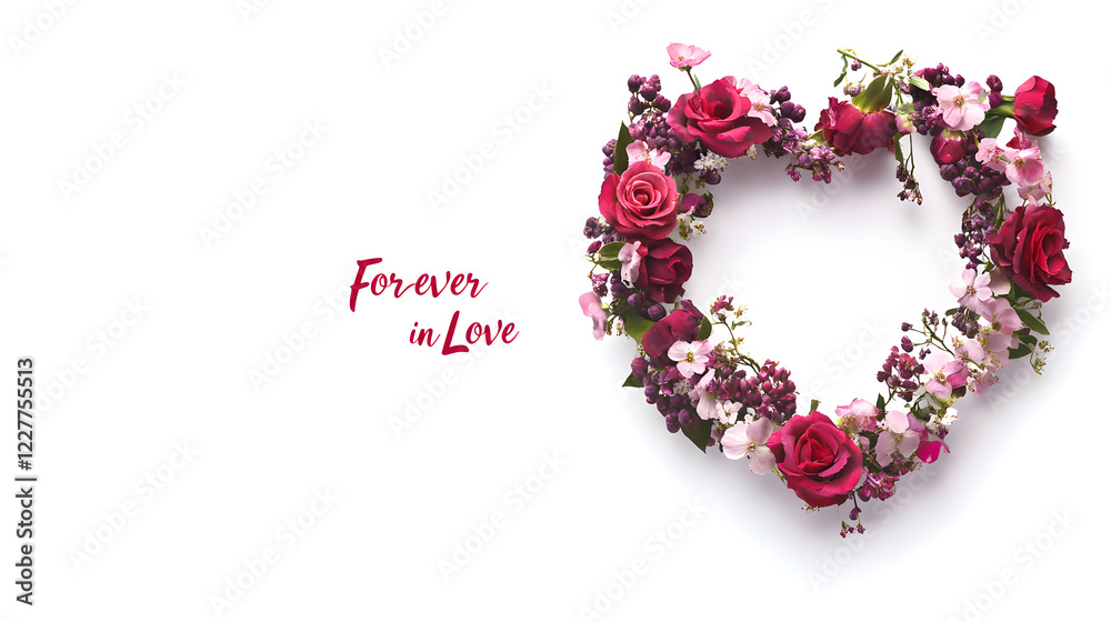 Obraz premium Valentine's Day card with a heart-shaped wreath of flowers and 
