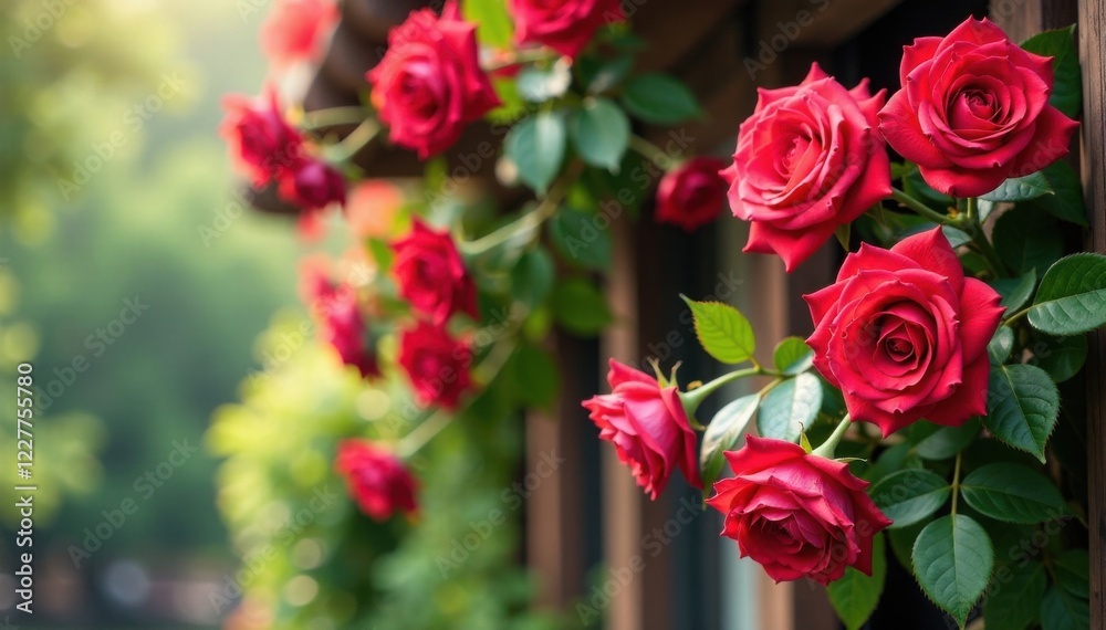 Floral banner of roses with red flowers hanging from a wooden beam, flowers, wood, red Floral banner of roses with red flowers hanging from a wooden beam, flowers, wood, red