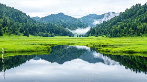 Serene mountain lake reflection, lush green valley, misty hills, tranquil landscape, nature background