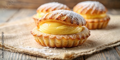 Close-up of Delicious Pasticciotto Leccese Pastry with Creamy Egg Custard Filling on Napkin - Long Exposure Photography photo