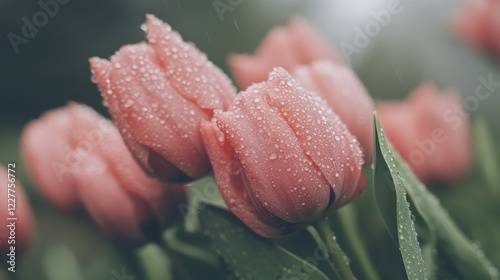 Raindrop-laden pink tulips flower garden nature fresh environment close-up beauty in nature