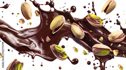 Wallpaper Mural Melted dark chocolate with pistachio nuts and chocolate shavings on white background Torontodigital.ca