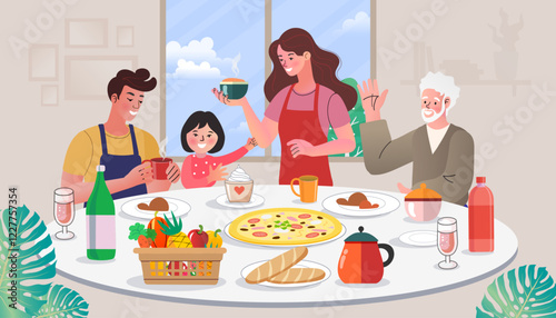 happy family celebrating birthday, Three generations mother ,father, son and grandfather. breakfast, lunch, dinner, food , hot drink. Vector. Flat design and illustration.