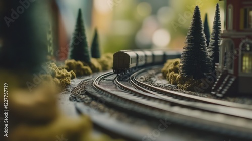 Scene of a model train setup. Featuring train tracks, miniature trains, and scenery. Highlighting the art of model railroading. Ideal for DIY and craft blogs. photo