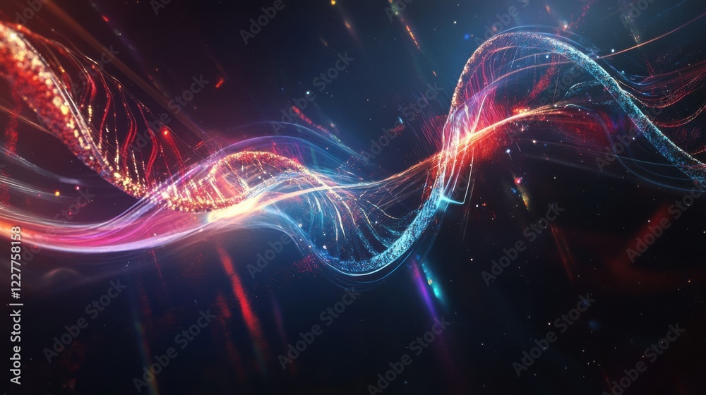 custom made wallpaper toronto digitalAn abstract image of a DNA strand intertwined with bright, flowing streams of light and energy against a dark, cosmic background
