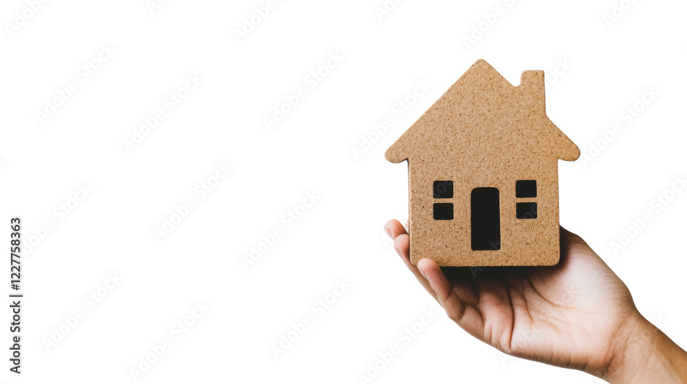 A hand gently cradles a small, brown wooden house model against a black backdrop. A hand gently cradles a small, brown wooden house model against a black backdrop.