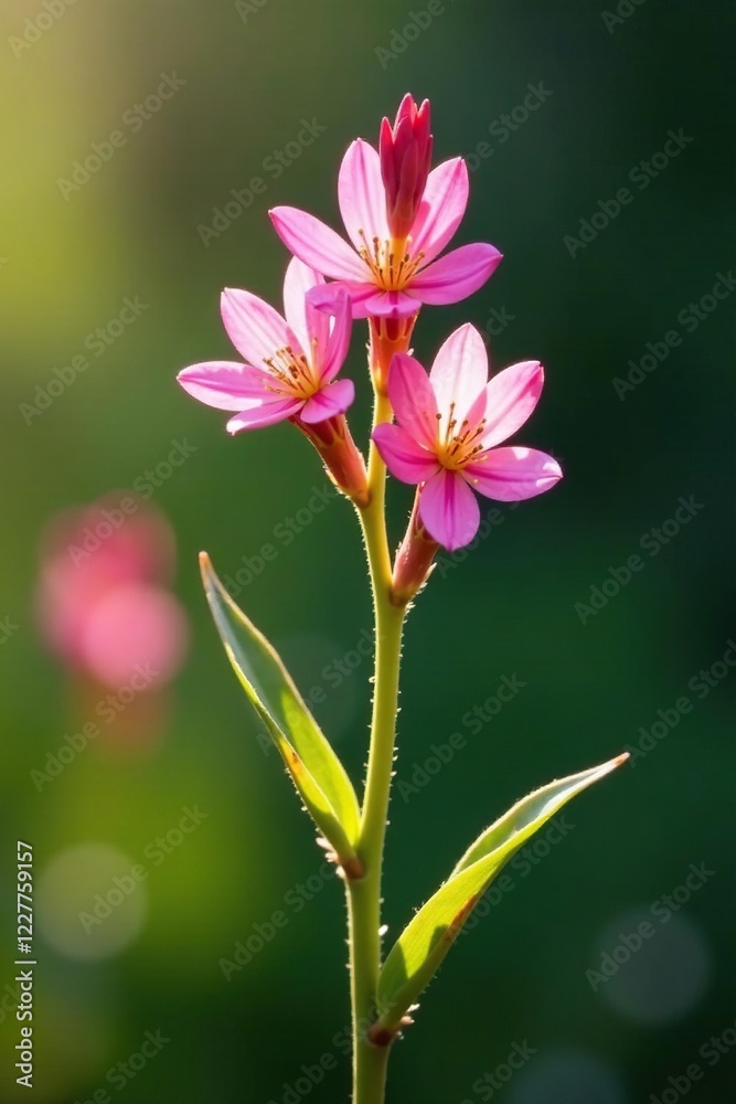 Fototapeta premium sprig of Ononis Arvensis with pink blooms in sunlight, sunlight, shadow, wildflower