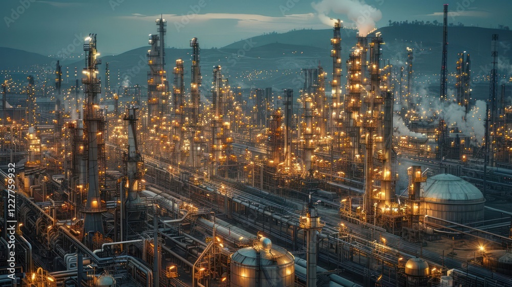 Fototapeta premium Illuminated industrial complex at dusk with smokestacks and pipelines under a twilight sky
