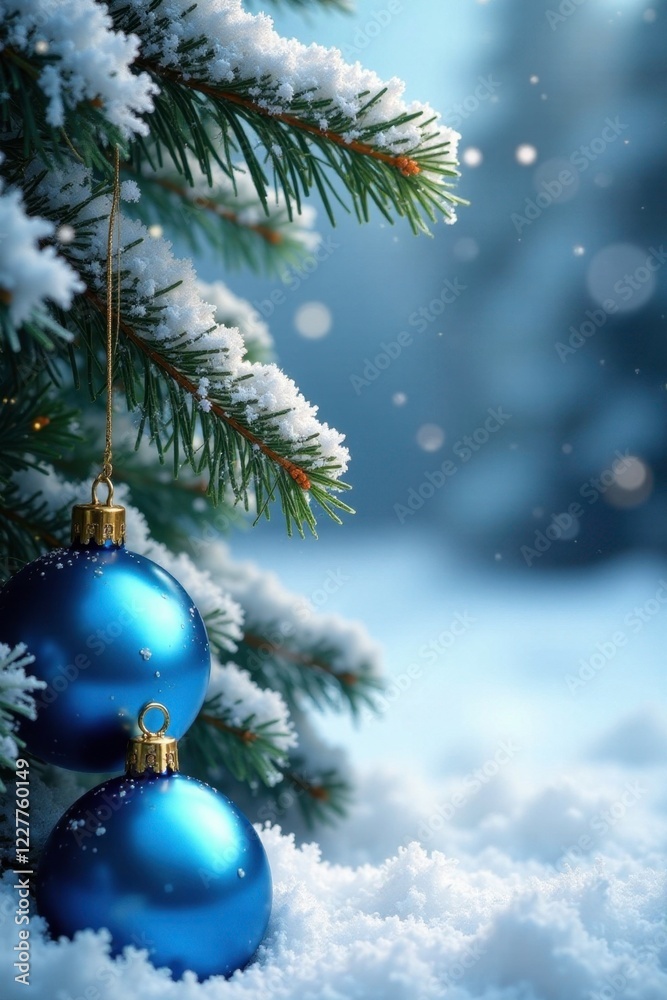 Snowy winter scene with pine sprigs and blue ornaments, arrangement, holiday decoration Snowy winter scene with pine sprigs and blue ornaments, arrangement, holiday decoration
