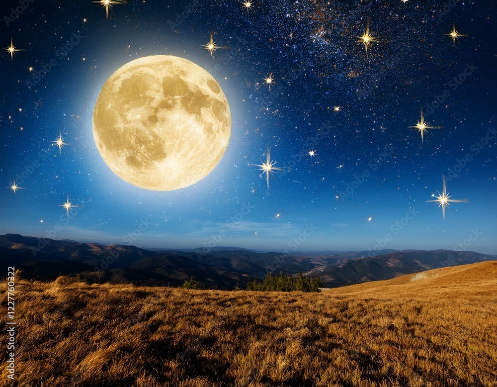 Fototapeta premium golden stars twinkling in a night sky with radiant full moon