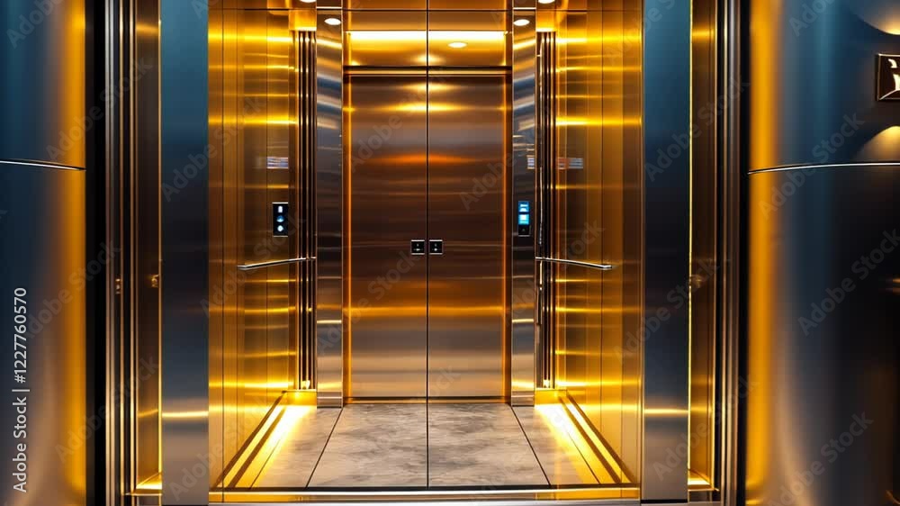 Luxurious elevator interior with golden accents and modern design