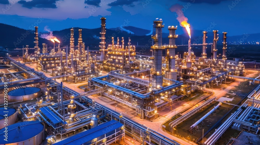 Fototapeta premium Aerial view of a sprawling industrial complex at night with illuminated structures and flares