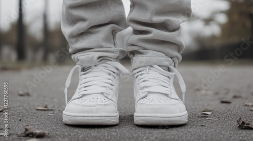 Close-up of white high-top sneakers on pavement. photo