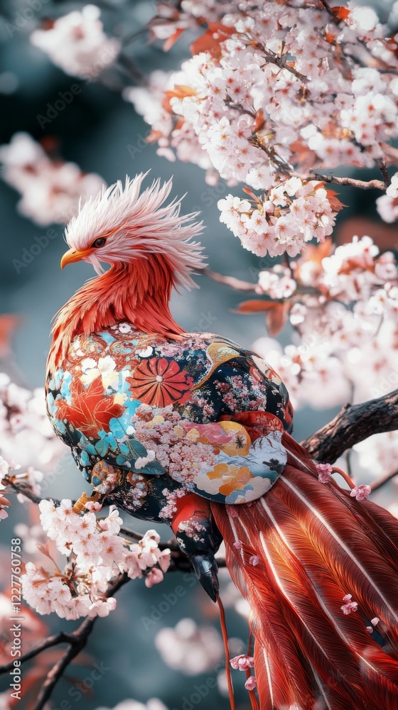 Naklejka premium A stunning bird perched among cherry blossoms. This colorful creature showcases vibrant feathers and intricate patterns. Nature and art blend beautifully. Generative AI