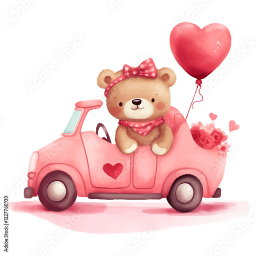 watercolor bear riding a car with heart decoration for valentine's day