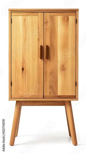 57. A wooden storage cabinet with modern handles and a natural finish, isolated against a white background photo