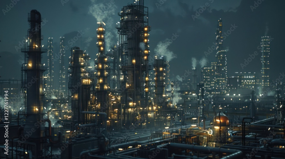 Fototapeta premium Nighttime industrial landscape featuring illuminated factories and smokestacks under a cloudy sky