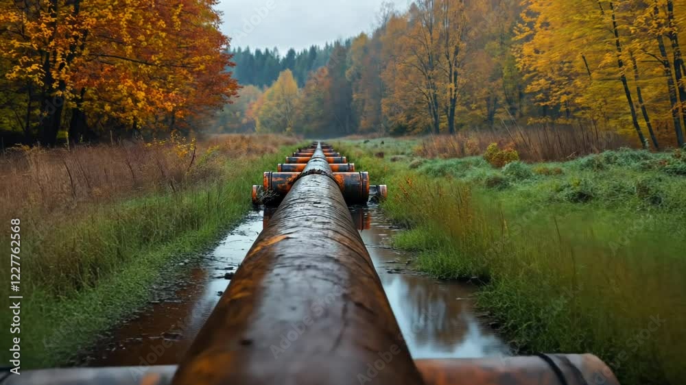 Rusty pipeline stretching through a vibrant autumn forest landscape Rusty pipeline stretching through a vibrant autumn forest landscape