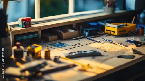 Scene of a model-building setup with scale models. Featuring model kits, glue, and paintbrushes. Highlighting the precision of model building. Ideal for hobbyist magazines. photo