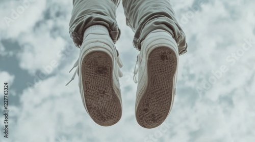 Low angle shot of white sneakers dangling against a cloudy sky.