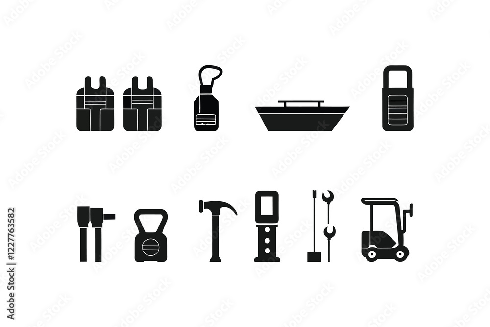 Fototapeta premium Transportation Icons – Yacht, Fuel, Eco-Friendly Car, and Logistics