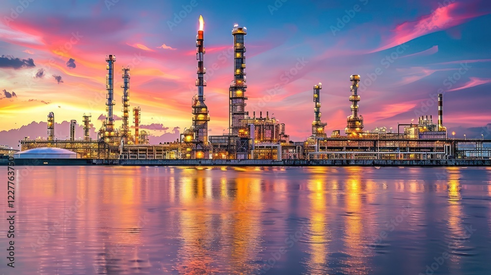 Fototapeta premium Vibrant sunset over an industrial refinery with smokestacks reflecting on calm water