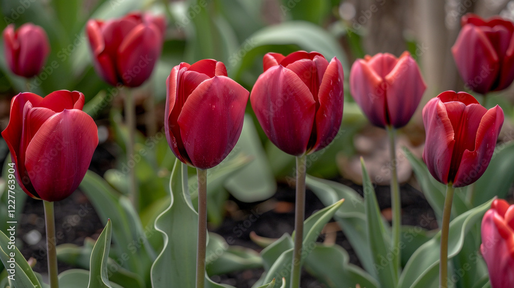 A close-up of a tulip garden with deep red petals contrasting against fresh green leaves and stems A close-up of a tulip garden with deep red petals contrasting against fresh green leaves and stems