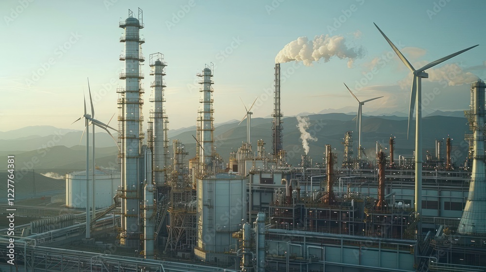 Industrial landscape featuring a refinery with smokestacks and wind turbines at sunset Industrial landscape featuring a refinery with smokestacks and wind turbines at sunset