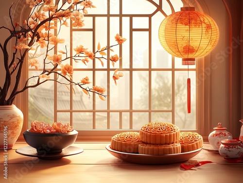 Traditional Mooncakes and Decorative Lanterns Adorn a Cozy Setting During the Mid-Autumn Festival Celebration in a Serene Interior Scene