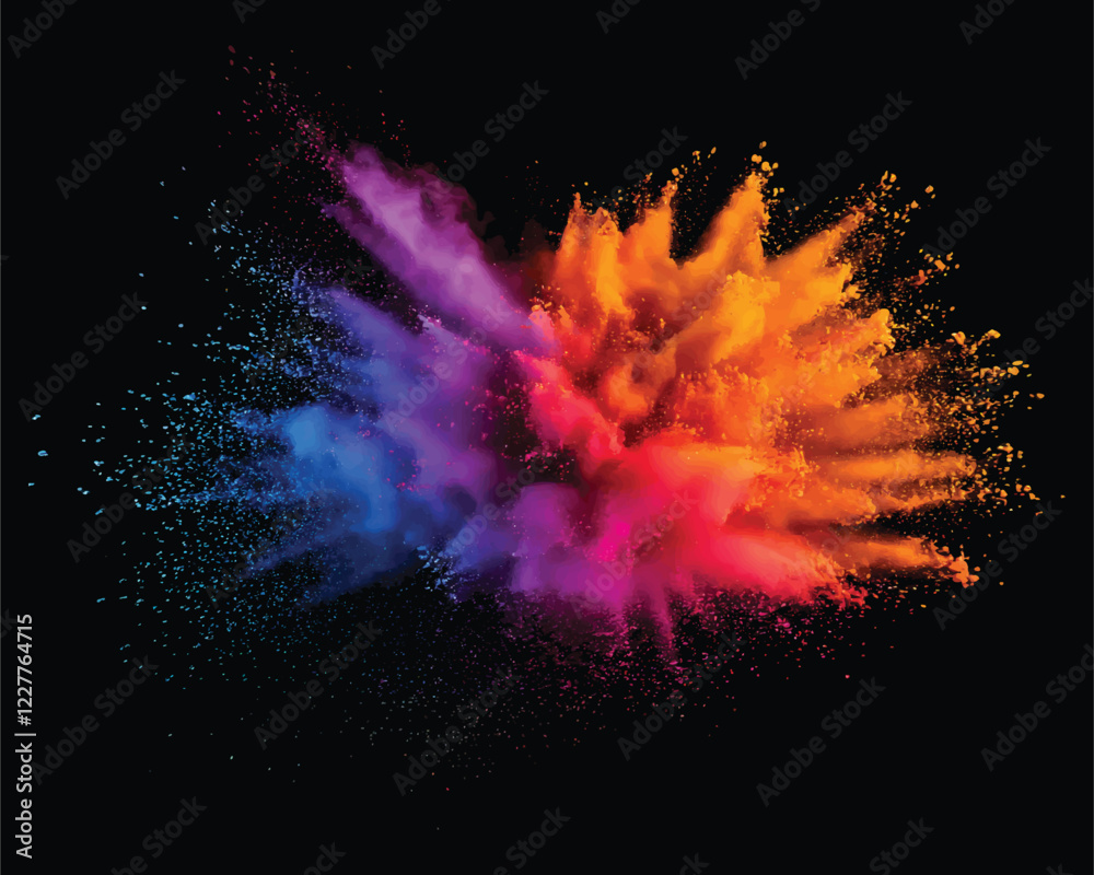 colorful pigment powder, explosion of colored powder exploding isolated on black background