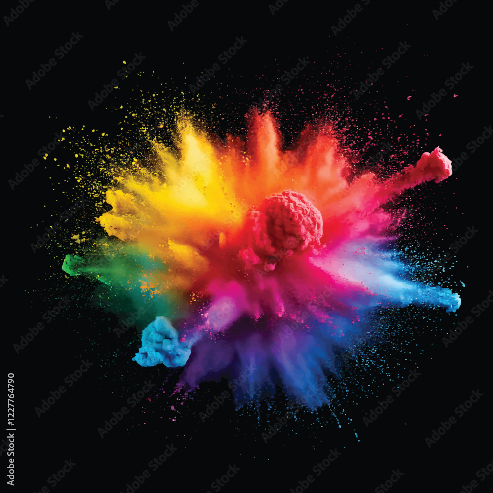 colorful pigment powder, explosion of colored powder exploding isolated on black background