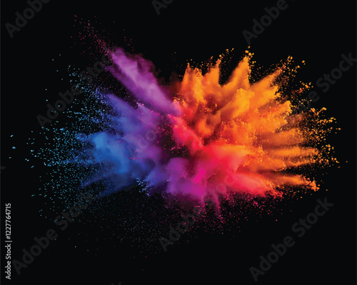 colorful pigment powder, explosion of colored powder exploding isolated on black background